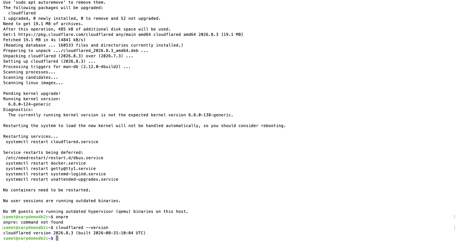 Ubuntu üzerinde apt ile cloudflared kurulumu ve cloudflared --version çıktısı