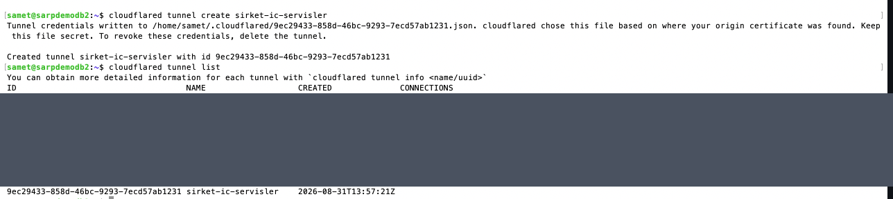 cloudflared tunnel create ve tunnel list komutlarının terminal çıktısı