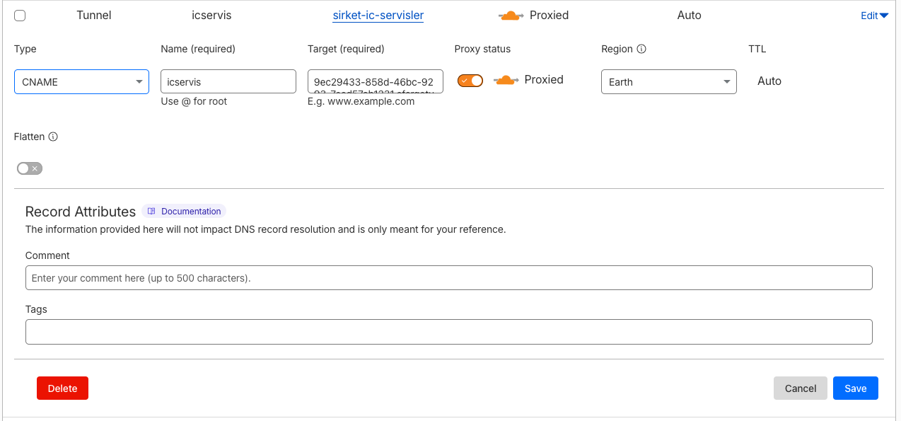 Cloudflare DNS panelinde tünel için oluşan CNAME kaydı, proxy açık