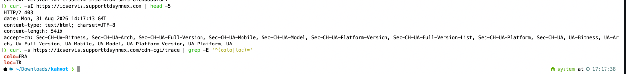 curl ile tünel hostname'inin doğrulanması ve cdn-cgi/trace çıktısında colo=FRA, loc=TR