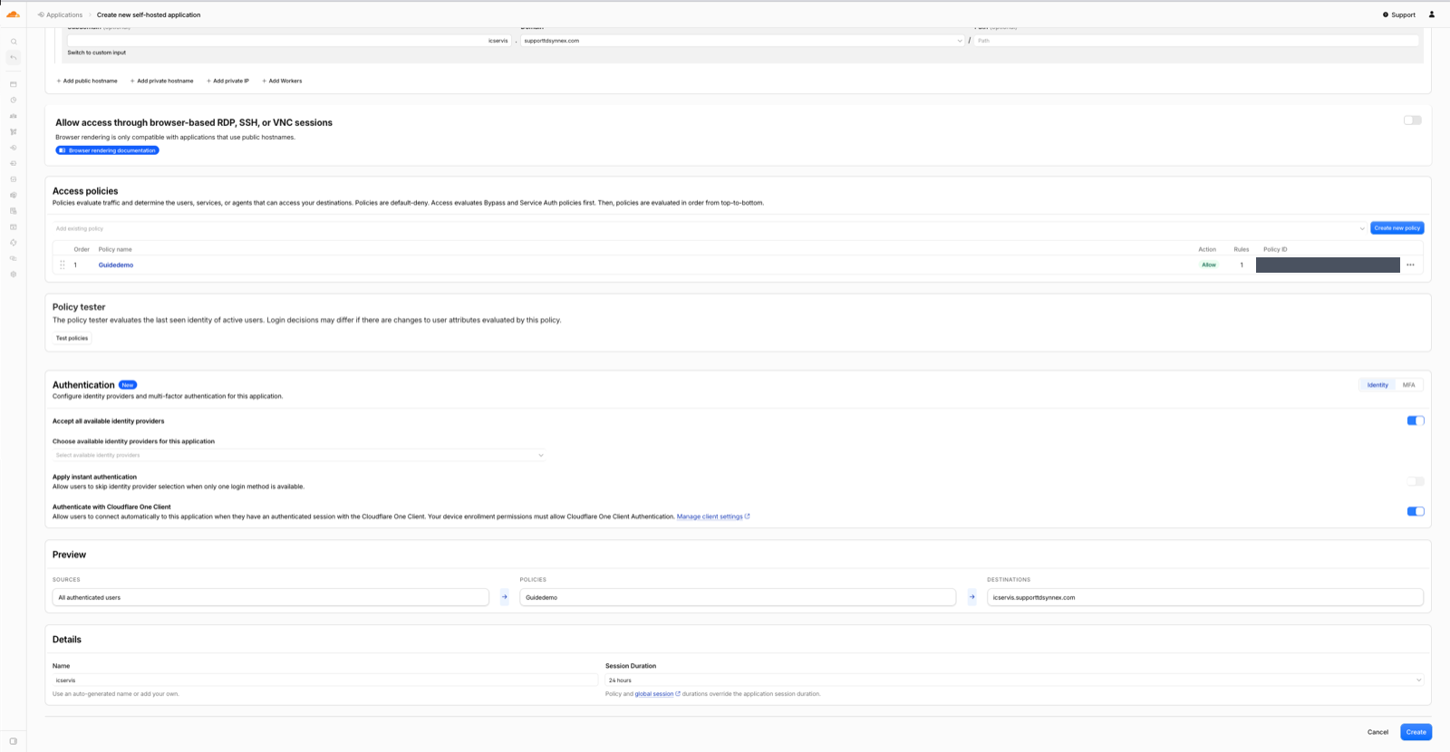 Zero Trust panelinde self-hosted Access uygulaması oluşturma ekranı ve erişim politikası