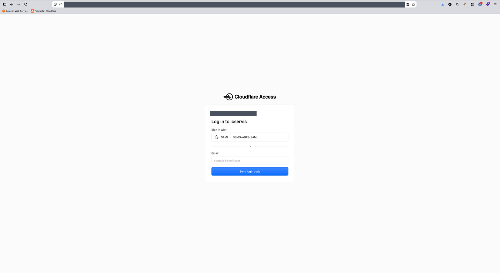 Cloudflare Access giriş ekranı: SAML sağlayıcı seçeneği ve e-posta ile tek kullanımlık kod